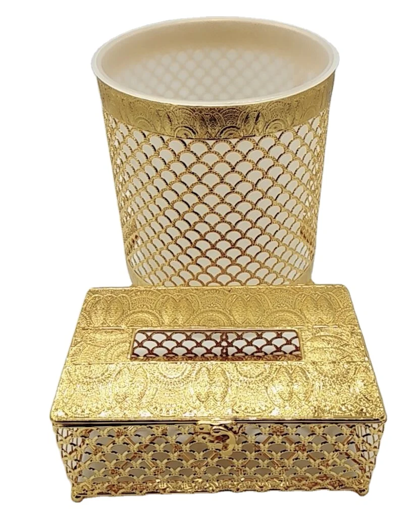 2020 Luxury Gold Plate Waste Bin With Tissue Box Set For Hotel Home Use ...