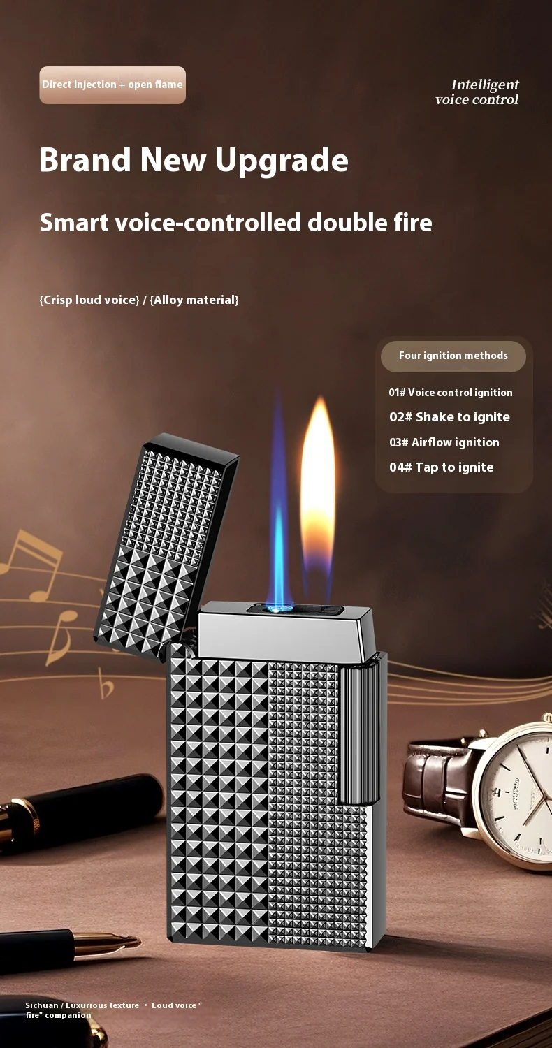 朗盛现代金属双焰四点火方式两用气/电男礼品声控跨界Logo