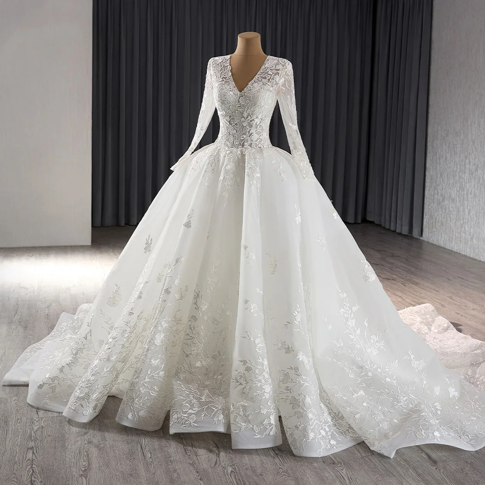 Wholesale v Neck wedding dress Ball Gown Long leeve draped wedding dress chapel train bridal Gown mother of bride dress Modern wedding dress flower