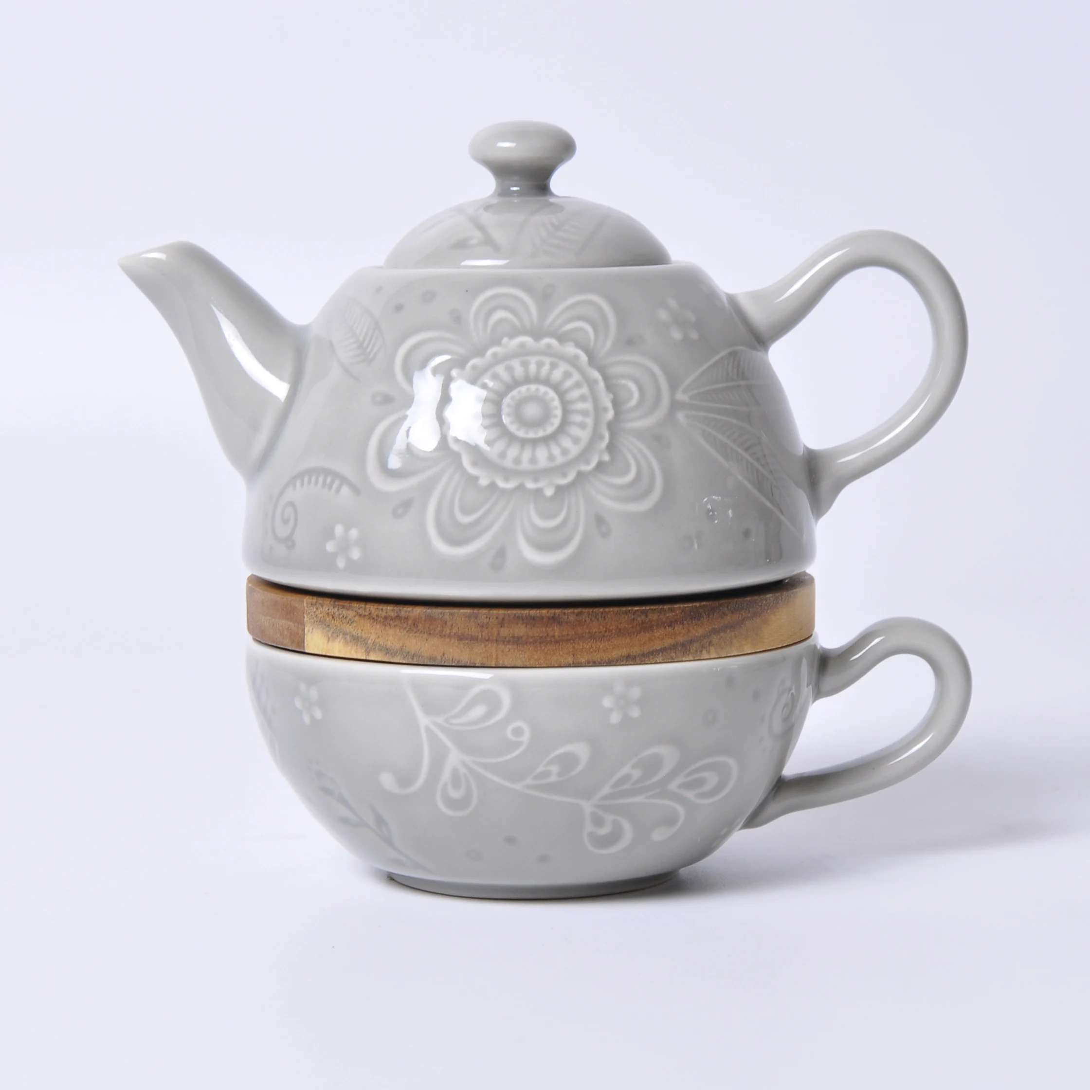 
Factory Direct Stamped Craft Blue Gloss Color Bulk Ceramic Kettle Teapot Gift Set 