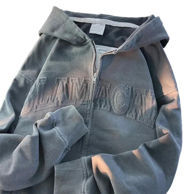 Men Streetwear 3d Embossed Cropped Zip Up Hoodie Custom Logo 100% ...