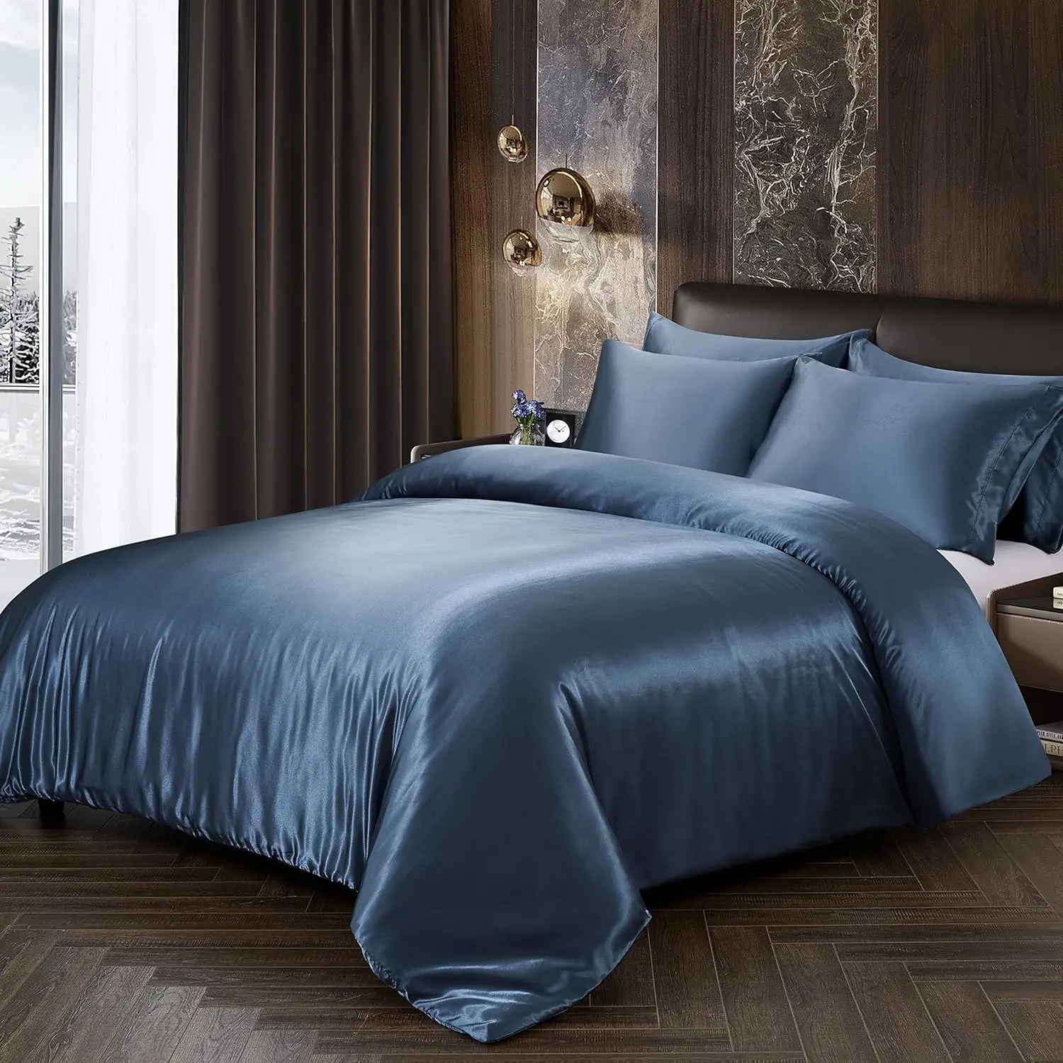 Navy Blue King Size Satin Duvet Cover Set 5-Piece Bedding Includes 1 Duvet Cover and 4 Pillowcases manufacture