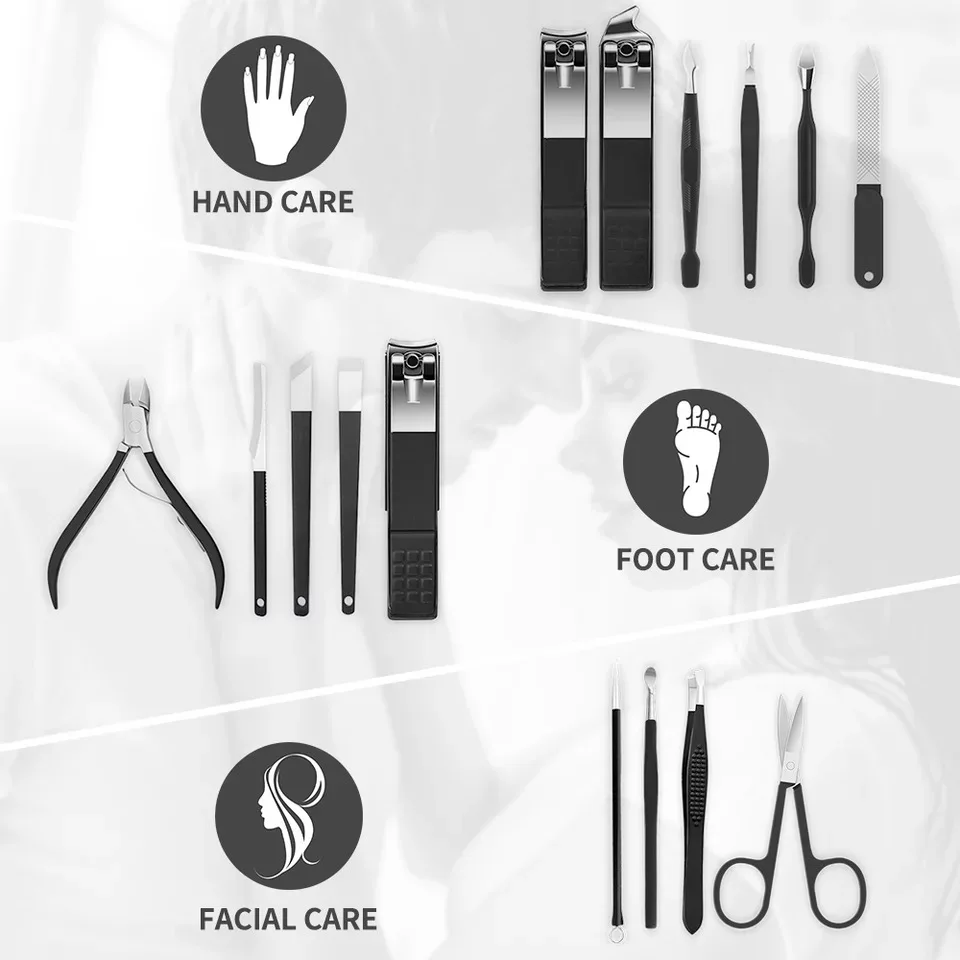 16pcs Amazon Hot Sale Manicure Pedicure Set in Soft Leather Pouch for Gift and Give Away