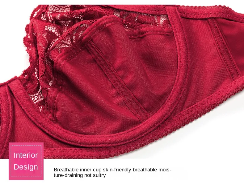Ultra-Thin Large Size Steel Ring Bra Sexy Lace Lingerie with Adjustable Gathered Cups Breathable Feature for Foreign Trade