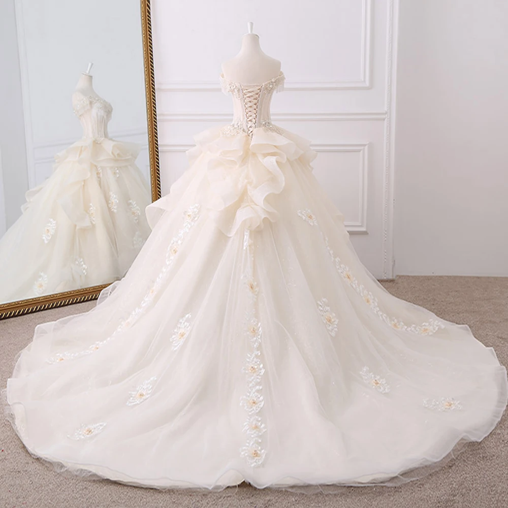 2020 Gorgeous Ball Gown Wedding Dresses Vestido De Noiva Appliques Flowers Beading Crystal Shiny Bridal Dress