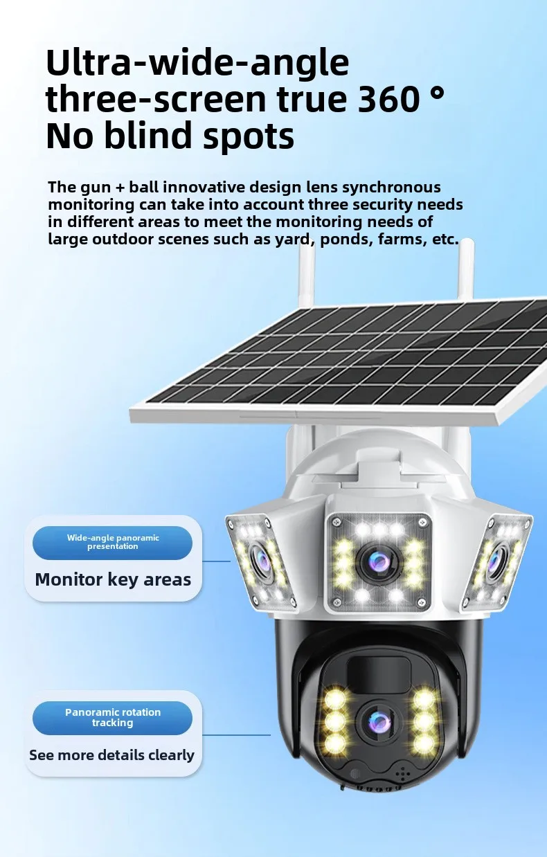 Cloudbirds V360pro Waterproof Outdoor Camera 3-Screen HD Night Vision Solar Charging Sound Light Alarm Remote Control Cloud