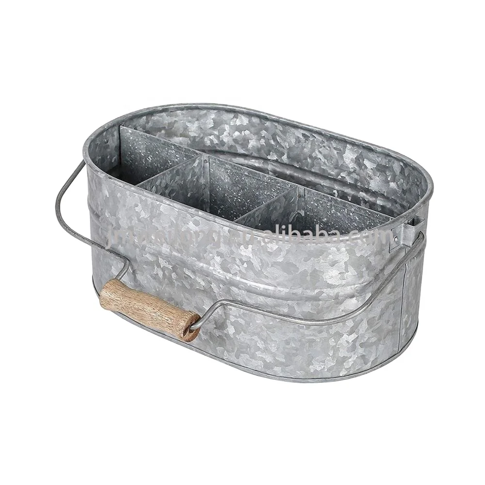 Galvanized Metal Caddy 4 Grids Oval Beer Bucket Household Utensil