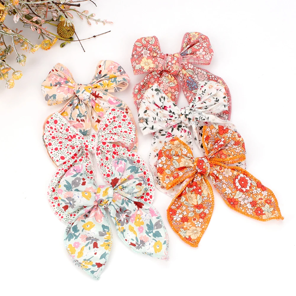 Elegant Floral Cotton Hair Bows Spring Hair Clips Fashion Print