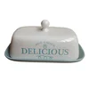 Wholesale white and blue with printing stoneware butter plate with cover rectangle butter dish ceramic