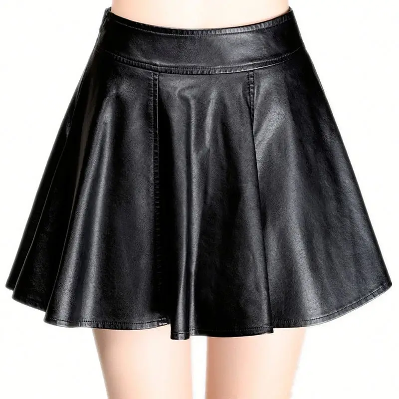 Autumn Winter Fashion Wholesale young ladies High Waist pleated pu Women black Leather Skirt leather mini skirt