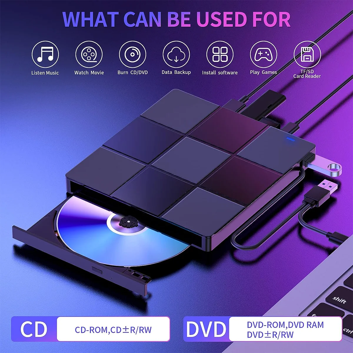 If you are searching for a supplier of a product with perfect quality control and highly competitive prices, which gives you an advantage in expanding your local market, then contact us now!  Competitive suppliers of  External CD/DVD Drive, 7 in 1 USB Ultra-Slim Portable CD/DVD Player Burner, CD ROM External DVD Drive for Laptop Desktop PC