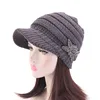 Women Jeweled Visor Brim Chunky Winter Skull Cap Knit Beanie Hat Beaded Flower Fashion Winter Cap MXM-102I