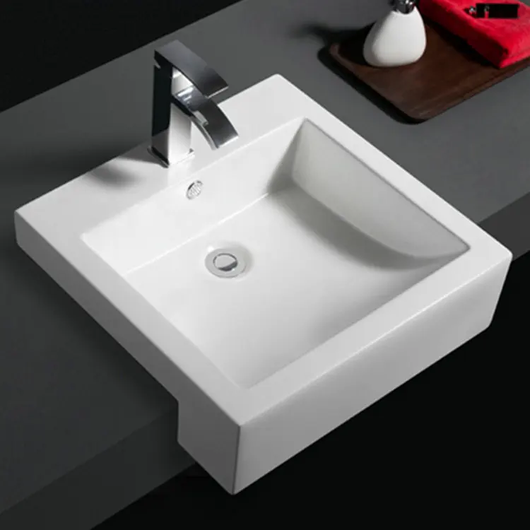 593 single tap hole hotel used rectangle shape ceramic semi-recessed basin