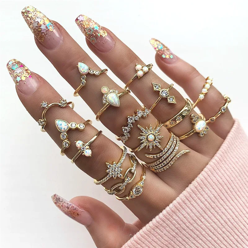 New Gold Plated 17 Piece Set Luxury Ring Bohemian Style Micro Set Zircon Gemstone Ring Set Ins Fashion Ring Jewelry Wholesale Buy Ring Set Gold Plated Ring 13 Piece Set Retro Jewelry Fashion