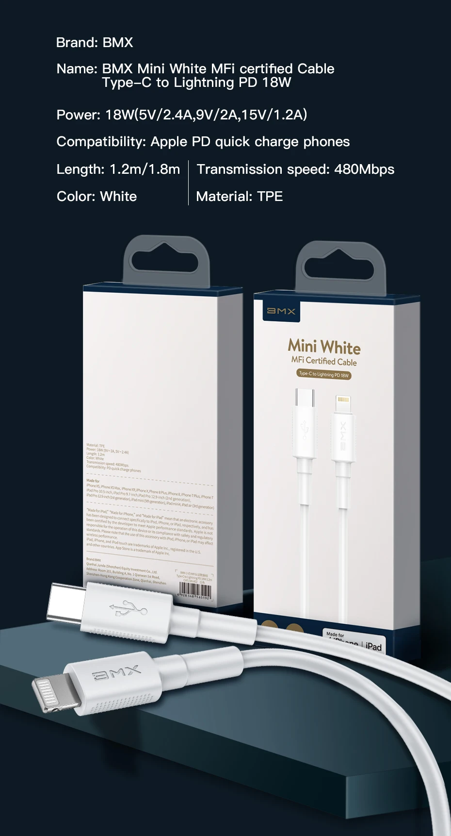  BMX Mini White MFi certified Type C to iP PD USB Cable18W Fast Charging Data Transmission For iPhone 6S 7 8 X