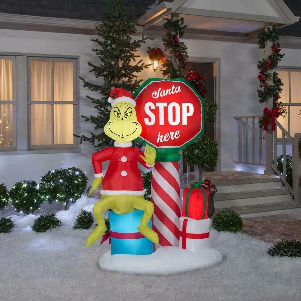 6 Ft Grinch With Santa Stop Here Sign Airblown Yard Inflatable - Buy 