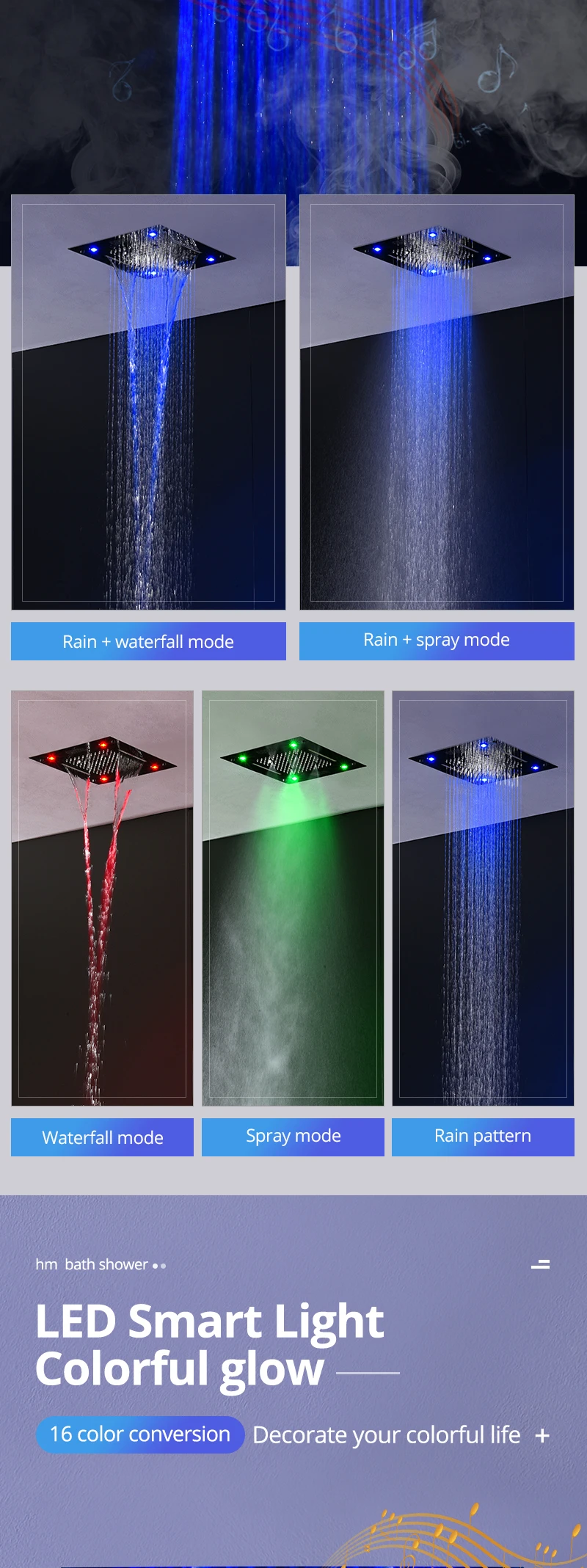 Rainfall Shower Heads Led Light Phone Control Music Shower Head Ceiling