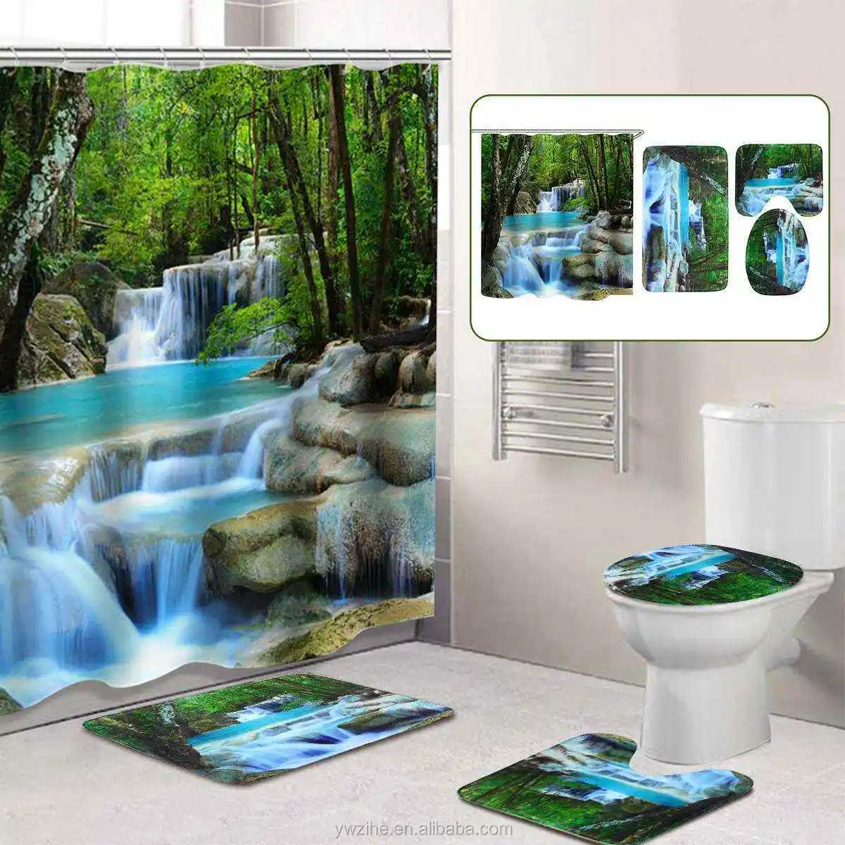 Green Forest Waterfall Bath Mat Toilet Cover Rugs Shower Curtain Bathroom Set 