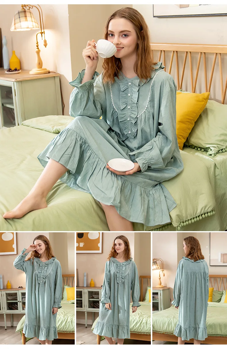 女孩可爱风格女士荷叶边皱褶家居服甜长款连衣裙柔软棉质睡衣睡衣