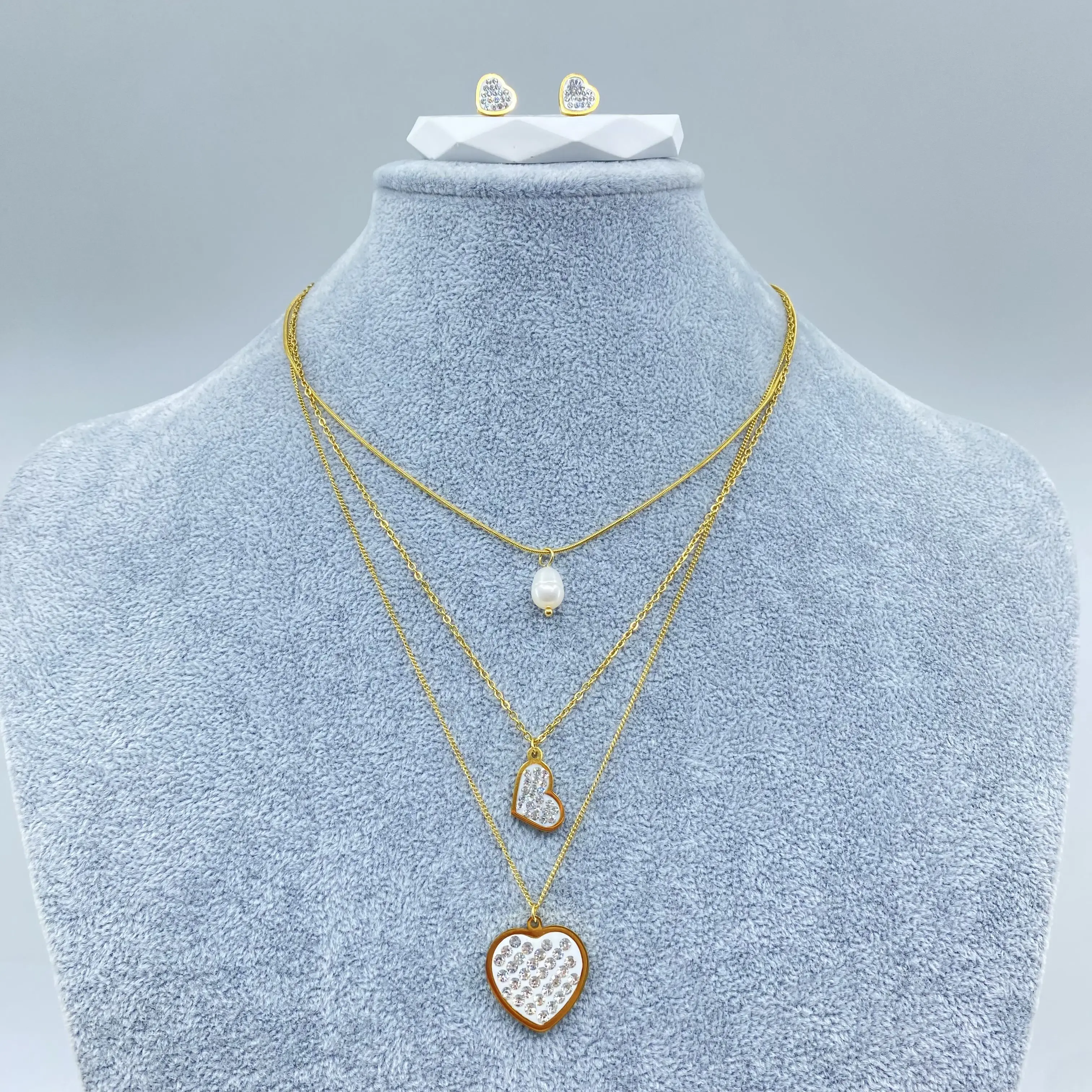Brand New Three Layers Gold Plated Fashion Jewelry Heart Crystal Women Pendant Necklace Earrings