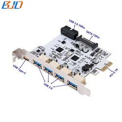 4 USB 3.0 Type-A & USB Type-C to PCI-E PCIe 1X Expansion Card with USB 3.0 19Pin & SATA power Connector