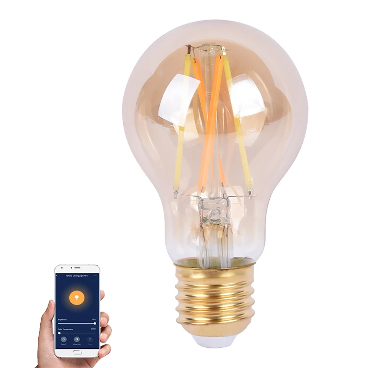 Amber Glass Body LED Light Bulb Alexa Voice Control, 6.5W A60 Smart WIFI LED Filament Bulb