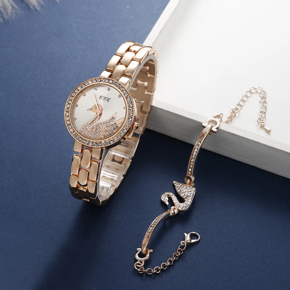 2 PCS Jewelry Set Steel Watch Ladies Quartz Crystal Dial Swan Watches Stylish TW468