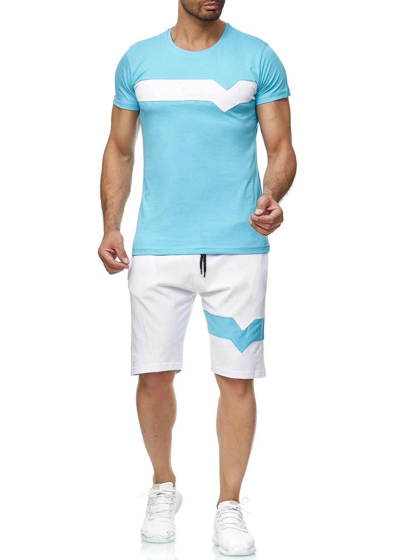 Custom Men's Sets Stripe Color Collision Mens 2 Piece Set Shirt Short ...