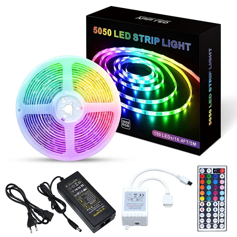 Waterproof RGB Led Strip Kit Led Lights 16.4ft with 44 key IR Remote Controller 12V Power Adapter for Room Decoration