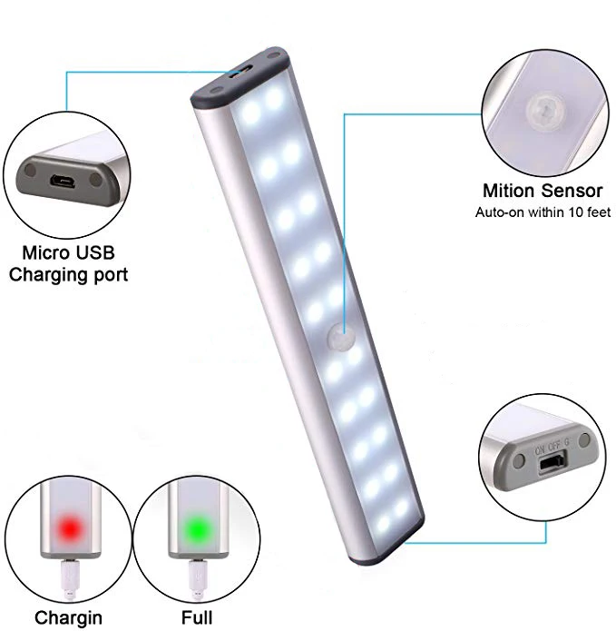 20 Led Super Bright Usb Rechargeable Wireless Pir Motion Sensor Touch