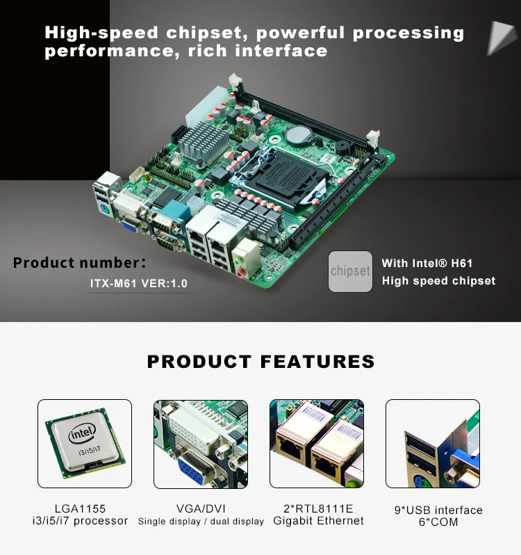 China cheap Intel x86 mini-itx H61 1155 i3 i5 i7 processor nic lan Motherboard with 2 ethernet ports