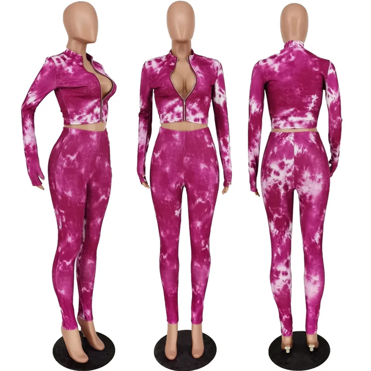 Wholesale Lady Outfit Long Sleeve Zipper Tie Dye Tight Sexy Plus Size Autumn Women 2 Piece Set