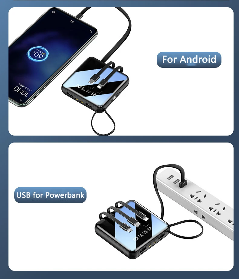 20000mAh Power Bank External Battery Charger Mini Powerbank Built in Cable For Huawei Xiaomi iPhone 11 Samsung S10 S20 Poverbank - ANKUX.COM