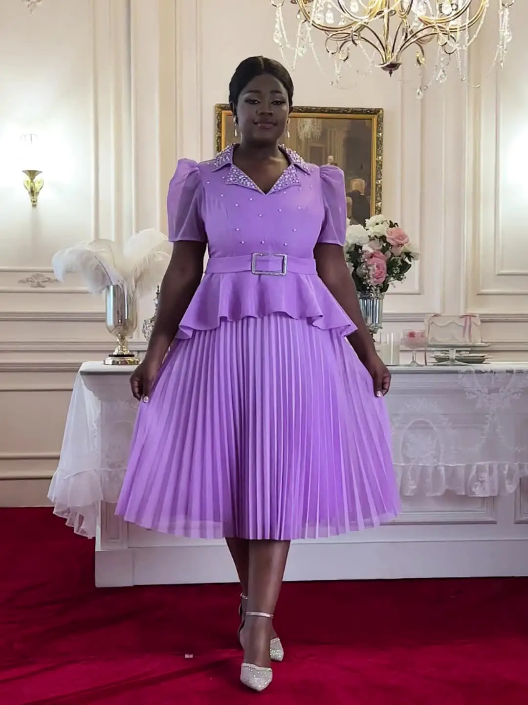 AM050405 Lapel Collar Peplum Belted Beading Lavender Dress
