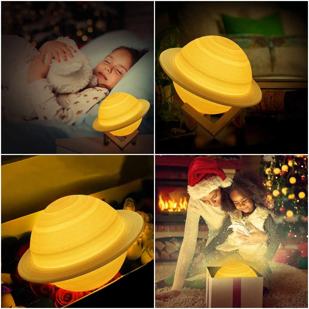 LED Saturn Night Light 3D Printing 16 Colors Saturn Bedside Moon Lamp with Stand, Remote &Touch Control USB Rechargeable for