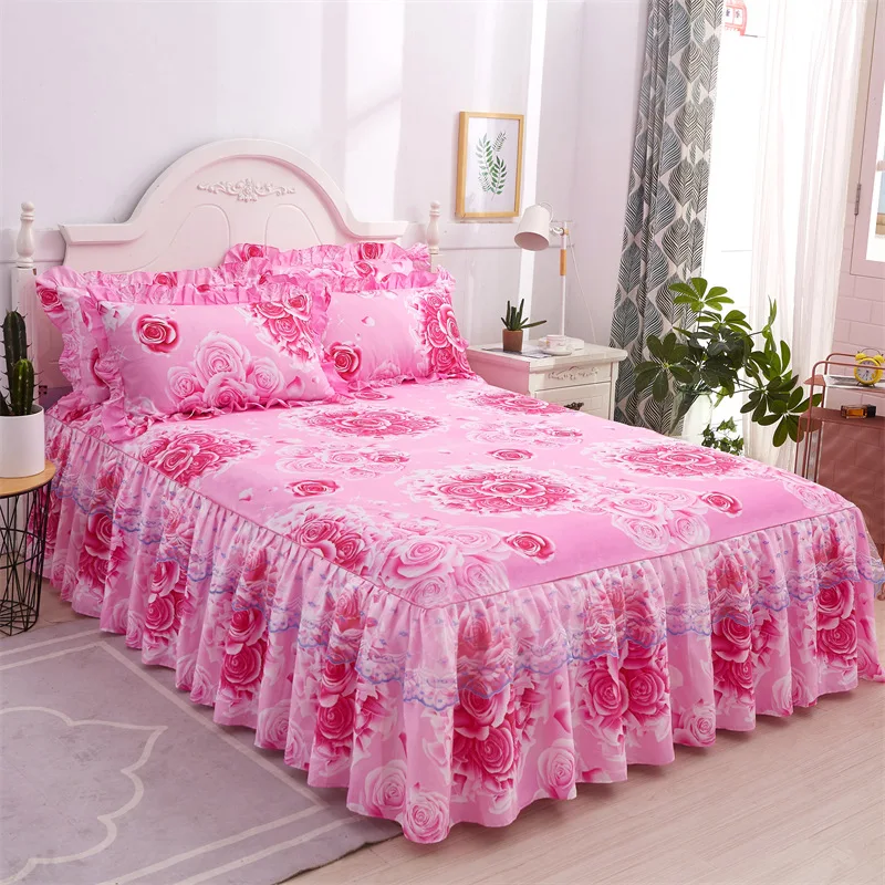 Lace Bed Skirt +2 Pillowcases Fashion Bedding Set Princess Bedspreads