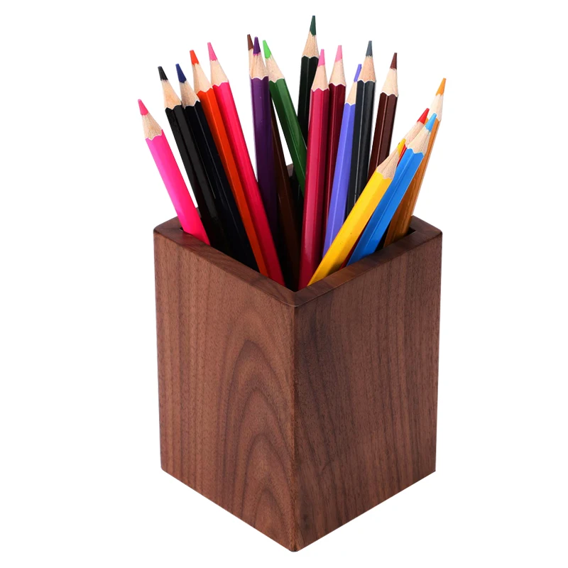 天然黑色核桃立方体办公室木制笔筒书桌木铅笔持有人组织者