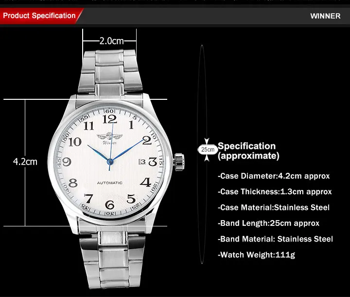 WINNER Fashion Casual Men Mechanical Watches Stainless Steel Band Silver case Luxury Automatic Wristwatches Relogio Masculino