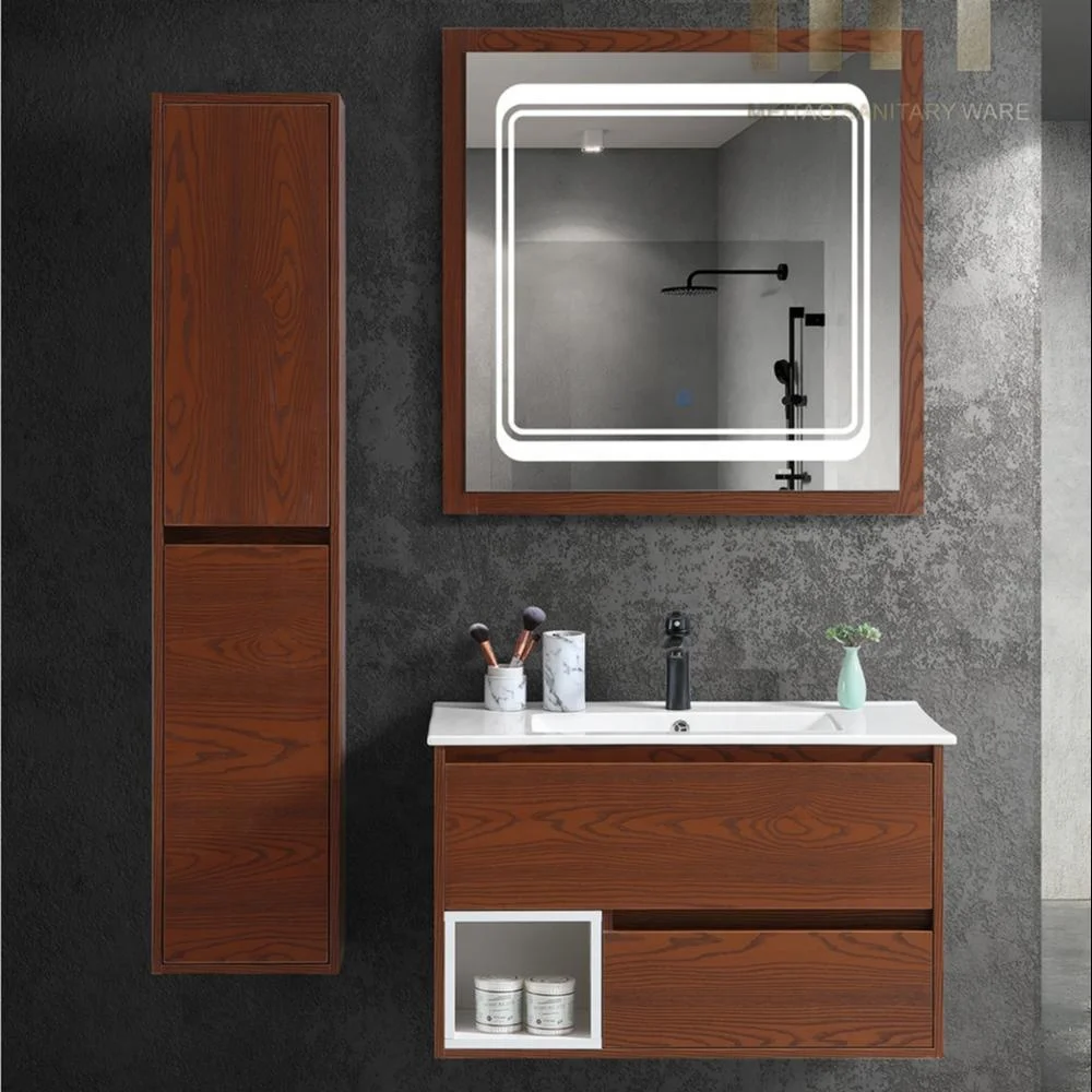 Wall Mounted Melamine Board Modern Mdf Knock Down Bathroom Vanity Cabinet With Led Mirror.