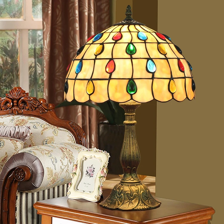 12 inches European simple colored bead Tiffany glass lamp Bedroom bedside lamp DIA30CM Alloy base LED tifany desk lamp