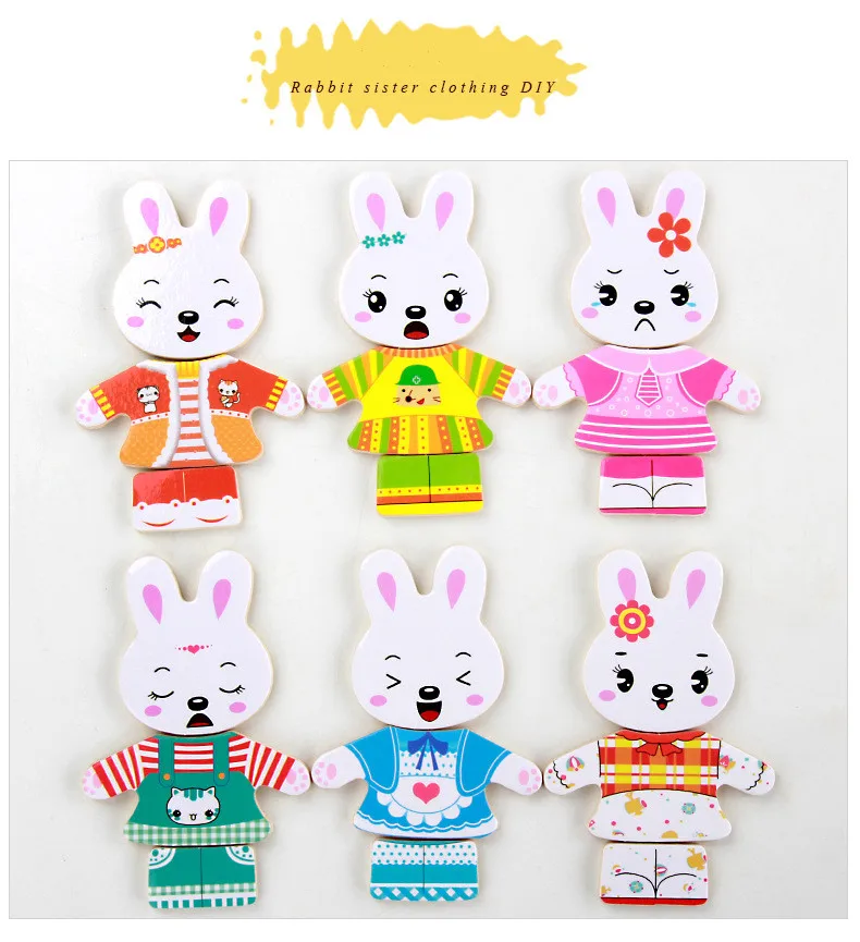 Baby Wooden Jigsaw Puzzle Dressing Game Rabbit Change Clothes Children Toys Gift 
