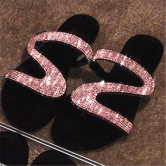 Fashion Shining Diamond Flat Slippers For Women Rhinestone Slippers
