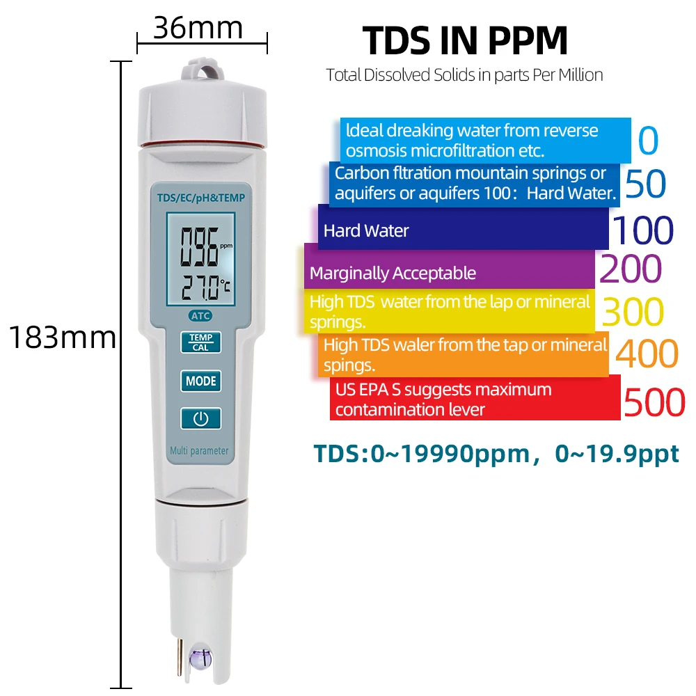 4 In 1 Water Quality Tester PH EC TD-S Temperature Meter Backlight PH-686 S3U7 