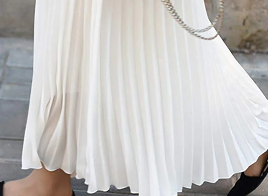 Spring Women Solid Pleated Skirt Elegant Casual Office Midi Elastic