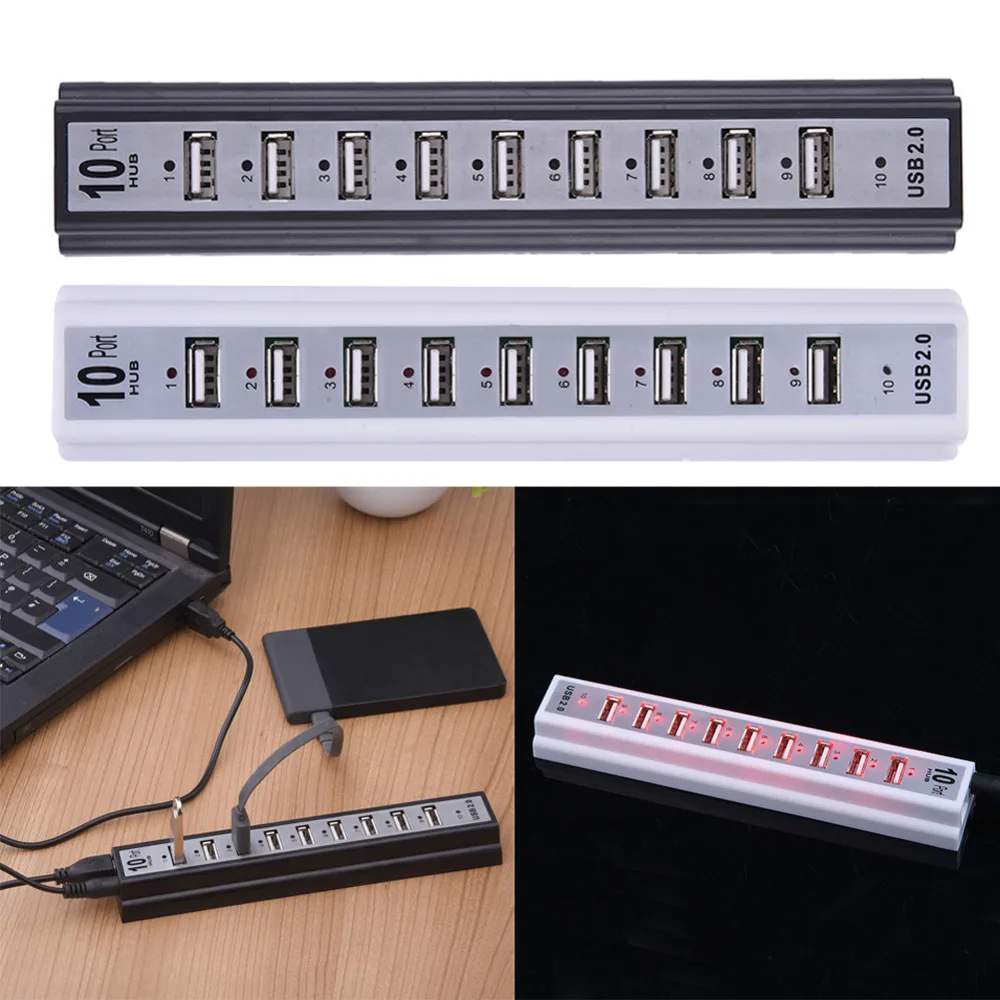 USB 2.0 Hi-speed 480Mbps 10 Ports USB Hub + Power Adaptor For PC Notebook Laptop with Retail Package