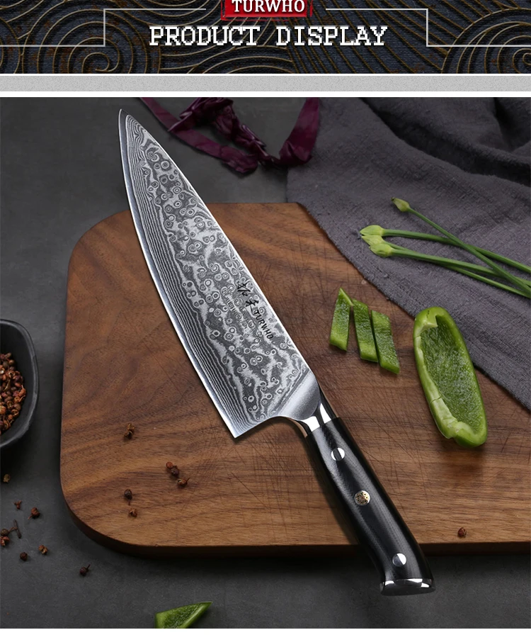 chef knife vg10 Damascus Kitchen Chef Knives The kitchen chef knife blade of the chef knife is fully forged from premium damascus stainless steel vg10 which allows the edge to be long lasting and extraordinary anti-corrosion