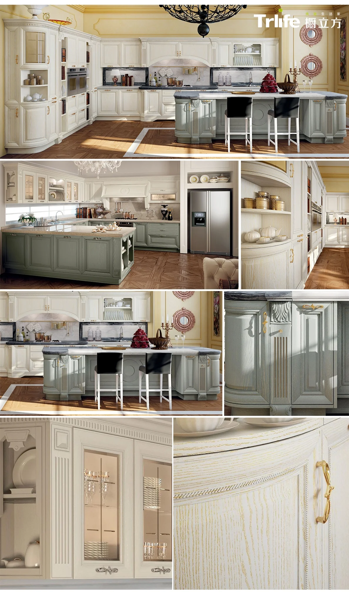European classical style artificial quartz countertop wood modular white maple kitchen cabinet design