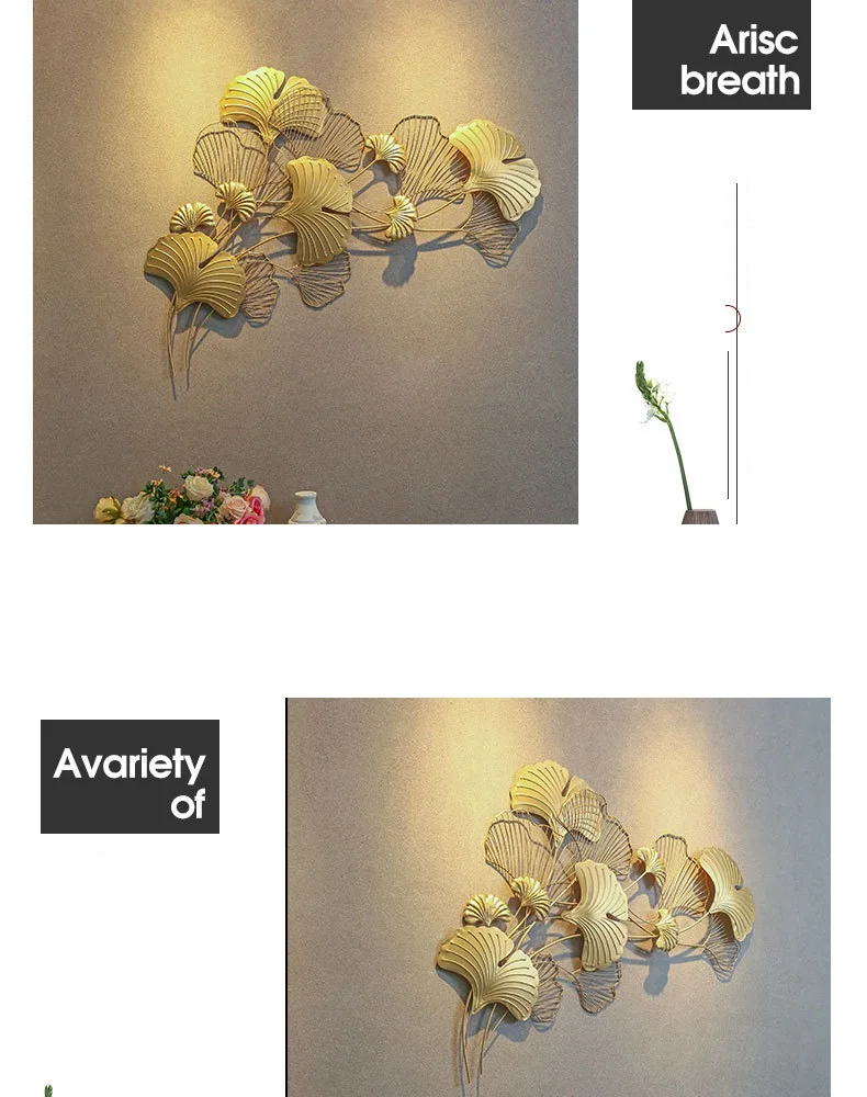 Large Nordic Luxury 3D Metal Iron Ginkgo Home Restaurant Art Decorative Wall