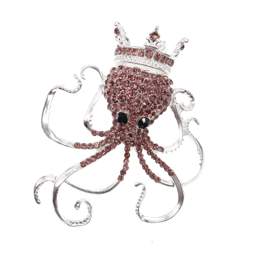 Diyかわいいタコクラウンブローチ虹色の透明な海の生き物ライトパープルゴールドスライバーメッキabクリスタルラインストーンブローチピン