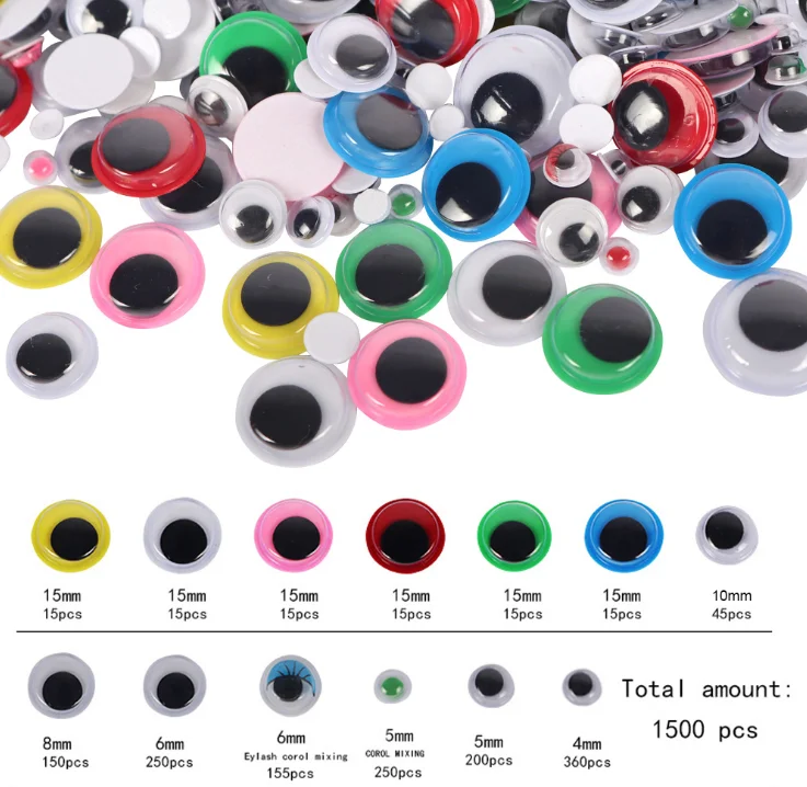 AIEX 1500 PCS Self Adhesive Wiggle Eyes with Portable Plastic Box Assorted Colors and Sizes 4mm to 15mm for DIY Crafts Art Decorations Puppet 